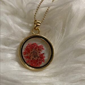 Gold and Red dried flower Pendant Necklace